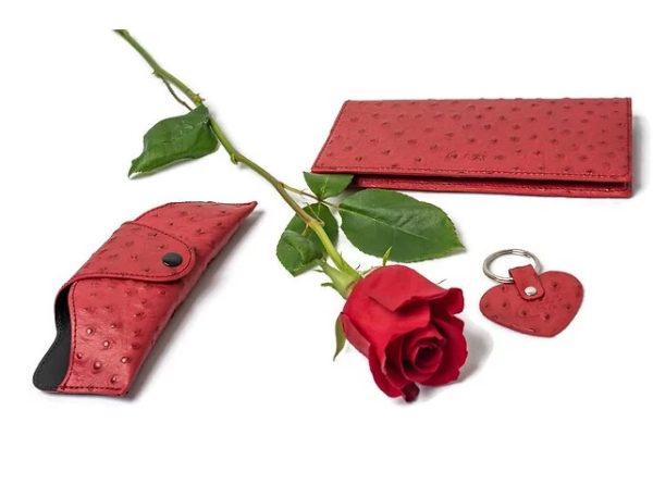 Set accesorii, piele de strut, rosie